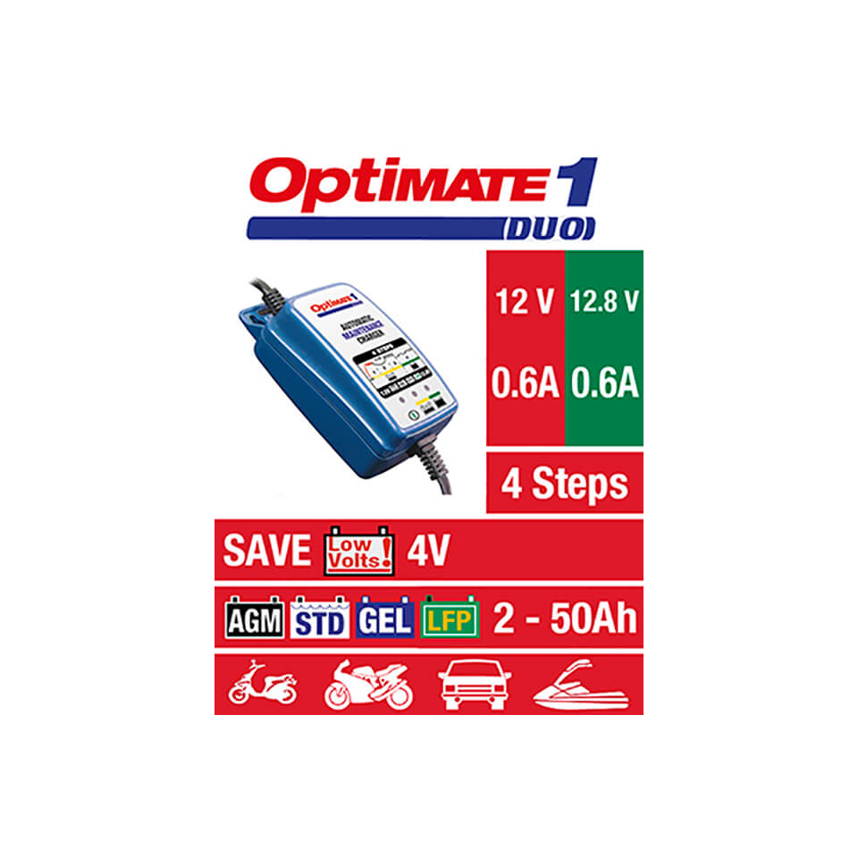 optimate 1 DUO (TM402-D), 12V/12.8V, 0.6A, 4-stage charger for 2-20Ah Std/AGM/GEL/LFP
